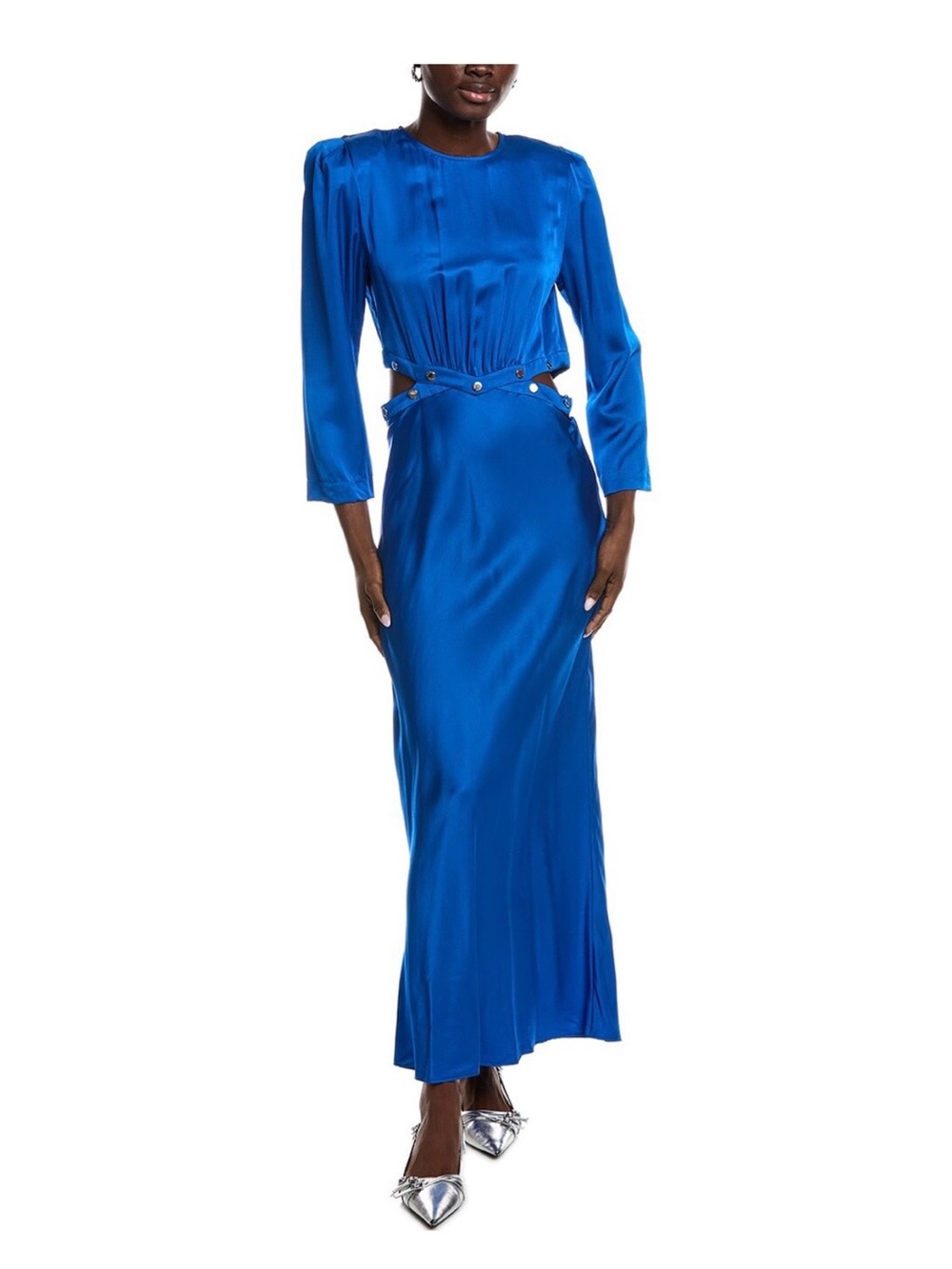 Sandro Electric Blue Long-Sleeve Satin Cutout Maxi Dress